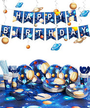 Load image into Gallery viewer, Space Birthday Party Supplies, Outer Space Party Decorations, Serves 25, Including Party Plates, Pre-strung Happy Birthday Banner, Hanging Swirls Decor, 54&quot;x108&quot; Tablecloth, Napkins, Cups, Cutlery Set, Straws
