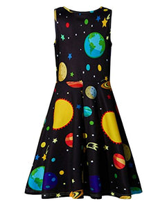 Cute Print Planet Knee Length Sleeveless Dress Black 10-12 Years