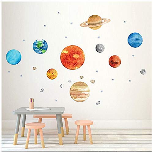 Planet Wall Decals, H2MTOOL Removable Solar System Watercolor Space Wall Stickers for Kids (Plants)