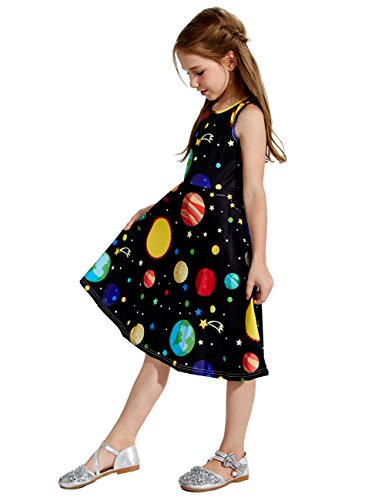 Cute Print Planet Knee Length Sleeveless Dress Black 10-12 Years