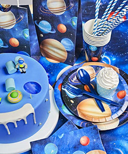Space Birthday Party Supplies, Outer Space Party Decorations, Serves 25, Including Party Plates, Pre-strung Happy Birthday Banner, Hanging Swirls Decor, 54"x108" Tablecloth, Napkins, Cups, Cutlery Set, Straws