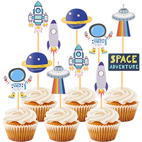 24 Pcs Space Rocket Cupcake Topper,Planet,Astronaut and Spacecraft Cake Decorations for Kids Birthday Space Theme Party.
