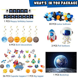 Outer Space Party Supplies, 87Pcs Party Decorations - Rocket Balloons, Solar System Swirl Decorations, Cupcake Toppers, Astronaut Birthday Banner, Backdrops