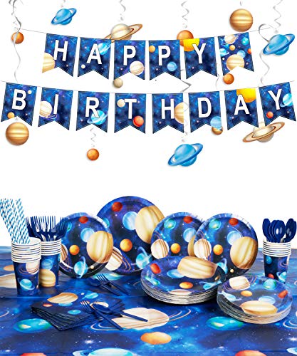 Space Birthday Party Supplies, Outer Space Party Decorations, Serves 25, Including Party Plates, Pre-strung Happy Birthday Banner, Hanging Swirls Decor, 54