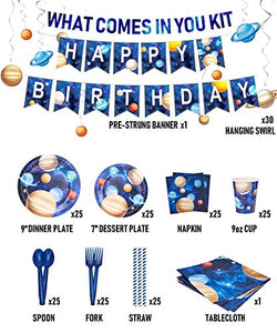 Space Birthday Party Supplies, Outer Space Party Decorations, Serves 25, Including Party Plates, Pre-strung Happy Birthday Banner, Hanging Swirls Decor, 54"x108" Tablecloth, Napkins, Cups, Cutlery Set, Straws