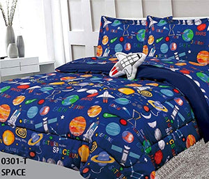 Sapphire Home 6pc Twin Kids Boys Comforter Set Bed in Bag with Shams, Sheet Set & Decorative Toy Pillow, Space Planets Rockets Blue Print Blue Multicolor Boys Kids Comforter Bedding w/Sheets, T Space