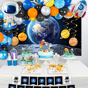 Outer Space Party Supplies, 87Pcs Party Decorations - Rocket Balloons, Solar System Swirl Decorations, Cupcake Toppers, Astronaut Birthday Banner, Backdrops