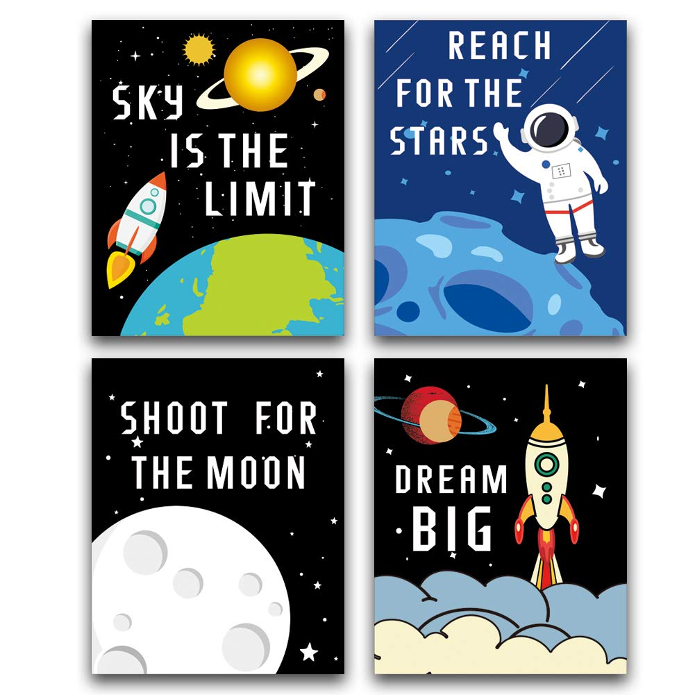 HPNIUB Cartoon Rocket Art Picture Outer Space Posters Astronaut Art Print Set of 4 (10