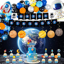 Load image into Gallery viewer, Outer Space Party Supplies, 87Pcs Party Decorations - Rocket Balloons, Solar System Swirl Decorations, Cupcake Toppers, Astronaut Birthday Banner, Backdrops

