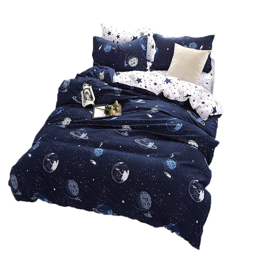 BeddingWish 3Pcs Blue Cartoon Star Universe Planets Beddding Set(No Comforter and Sheet) for Kids Teen Boys and Girls,Duvet Cover Set with 2 Pillow Shams -Full/Queen