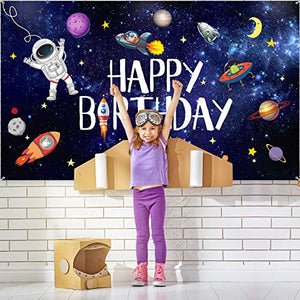 Outer Space Happy Birthday Photography Background - Astronaut Rocket Backdrop Banner - for Children's Birthday