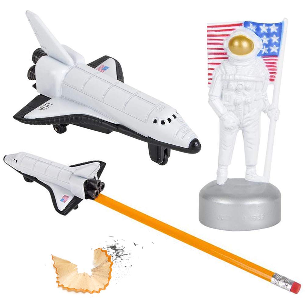 ArtCreativity Astronaut and Space Shuttle Pencil Sharpeners for Kids, Set of 2, Durable Die Cast Metal, Fun School Supplies for Boys and Girls, Space-Themed Birthday Party Favors, Teacher Rewards