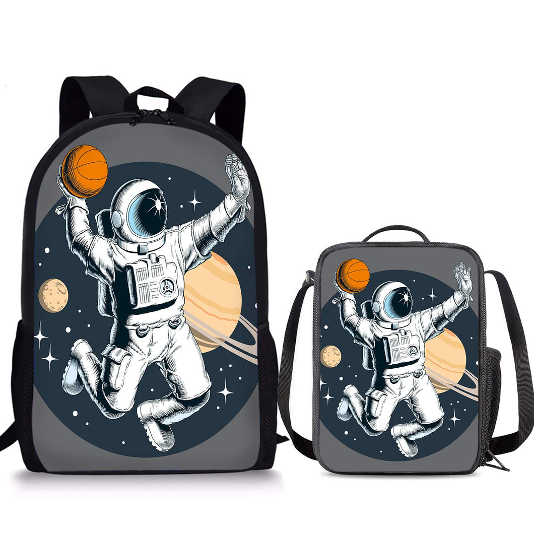 PrelerDIY Basketball Astronaut Lunch Bag Backpack Set Kids Back to School 2 Piece Lunch Tote Lightweight Daypack for Girls Boys