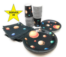 Load image into Gallery viewer, Serves 30 | Complete Party Pack | Outer Space | 9&quot; Dinner Paper Plates | 7&quot; Dessert Paper Plates | 9 oz Cups | 3 Ply Napkins | Outer Space Party Theme
