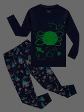 Load image into Gallery viewer, Glow in The Dark Space Little Boys Long Sleeve Pajamas Sets 100% Cotton Sleepwear Toddler Kids Pjs Size 4T Blue

