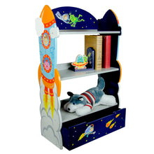 Load image into Gallery viewer, Fantasy Fields - Outer Space Thematic Sturdy Wooden Kids Bookshelf with Hand Crafted Designs , 3-Tier Shelf Bookcase and Toy Storage Drawer, Blue
