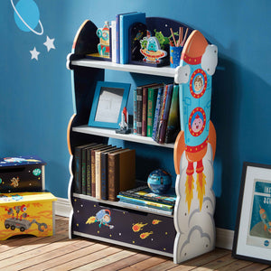 Fantasy Fields - Outer Space Thematic Sturdy Wooden Kids Bookshelf with Hand Crafted Designs , 3-Tier Shelf Bookcase and Toy Storage Drawer, Blue