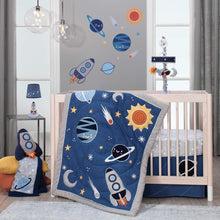 Load image into Gallery viewer, Lambs &amp; Ivy Milky Way Space Galaxy 4-Piece Baby Nursery Crib Bedding Set - Blue/Gray

